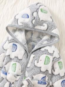 SHEIN 新生男婴可爱卡通大象印花连帽长袖羊毛长袍，秋冬季保暖 - 灰色 - 查看 4