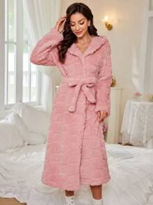 Bata de felpa con estampado de corazón, con cinturón, adorable, para otoño e invierno, esponjosa