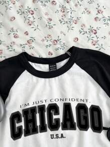 Attitoon Casual Minimalist "Chicago" Text Pattern Crew Neck Cropped Tight Fit Raglan Sleeve Colorblock Baby Tee For Women, Suitable For Back To School, Summer Suitable For Going Out - White - View 3