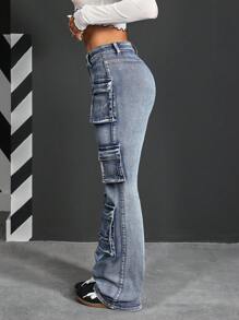 SHEIN PETITE 女式前扣简约多口袋休闲牛仔裤 - 藍色 - 查看 3