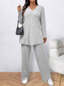 EMERY ROSE Conjunto de 2 piezas de top de manga larga de cuello en V de punto acanalado y pantalones de unicolor, para uso casual diario, talla grande - Gris - Ver 3