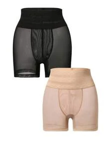 2pcs Women Solid Color Mesh Splicing Shaping Shorts Set - Multicolor - View 3
