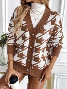 SHEIN LUNE Women's Solid Color Patchwork Button Front Long Sleeve Casual Cardigan Fall Cloth For Women - Khaki - View 4