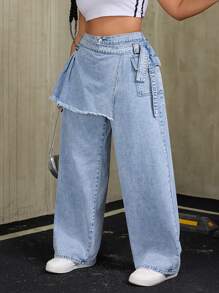 SHEIN ICON Plus Size Women's Wide Leg Loose Washed Baggy Jeans With Side Button Design - Light Wash - View 1