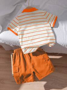 SHEIN 2 件装年轻男孩纹理条纹 Polo 衫和休闲裤套装，夏季 - 橘色 - 查看 2