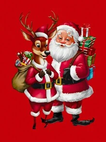 Flirla Plus Size Women Santa Claus Print Crew Neck Short Sleeve Casual T-shirt, Letnie ubrania na Nowy Rok Koszulki graficzne Damskie topy