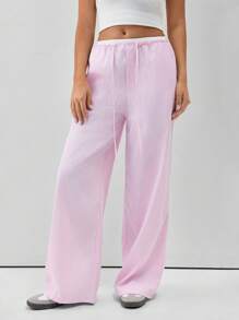 SHEIN Essnce Bộ 2 quần đùi sọc đỏ trắng mùa hè + quần ống rộng - Hồng - Xem 7