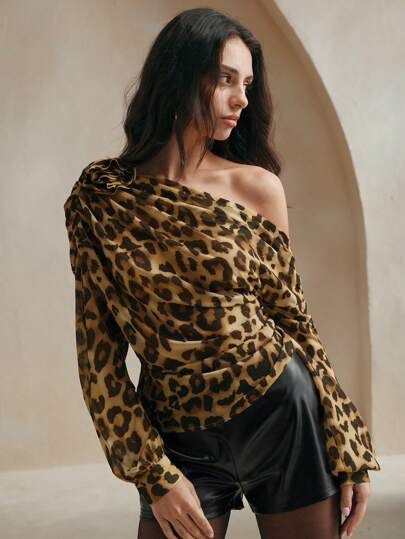 Anewsta 优雅花卉 3D 褶皱肩雪纺女式衬衫单肩上衣