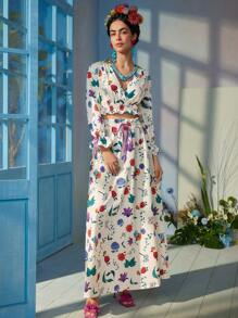 VALERIA GALIPOLI Frida Kahlo X SHEIN X Designer 商务休闲波西米亚风花卉印花 V 领荷叶边袖荷叶边下摆短款衬衫，度假风格，节日，感恩节，节日，办公室 - 彩色 - 查看 7