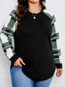 SHEIN LUNE Áo thun nữ cỡ lớn cổ tròn tay dài kẻ caro, kiểu dáng thường ngày, thích hợp cho mùa xuân và hè. - Màu xanh lá cây đậm - Xem 1