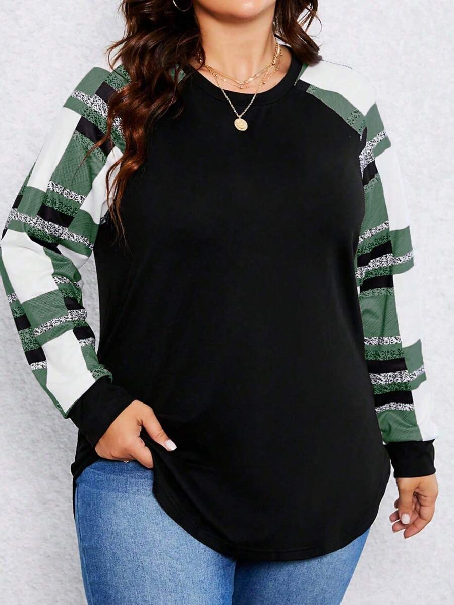 SHEIN LUNE Áo thun nữ cỡ lớn cổ tròn tay dài kẻ caro, kiểu dáng thường ngày, thích hợp cho mùa xuân và hè. - Màu xanh lá cây đậm - Xem 1