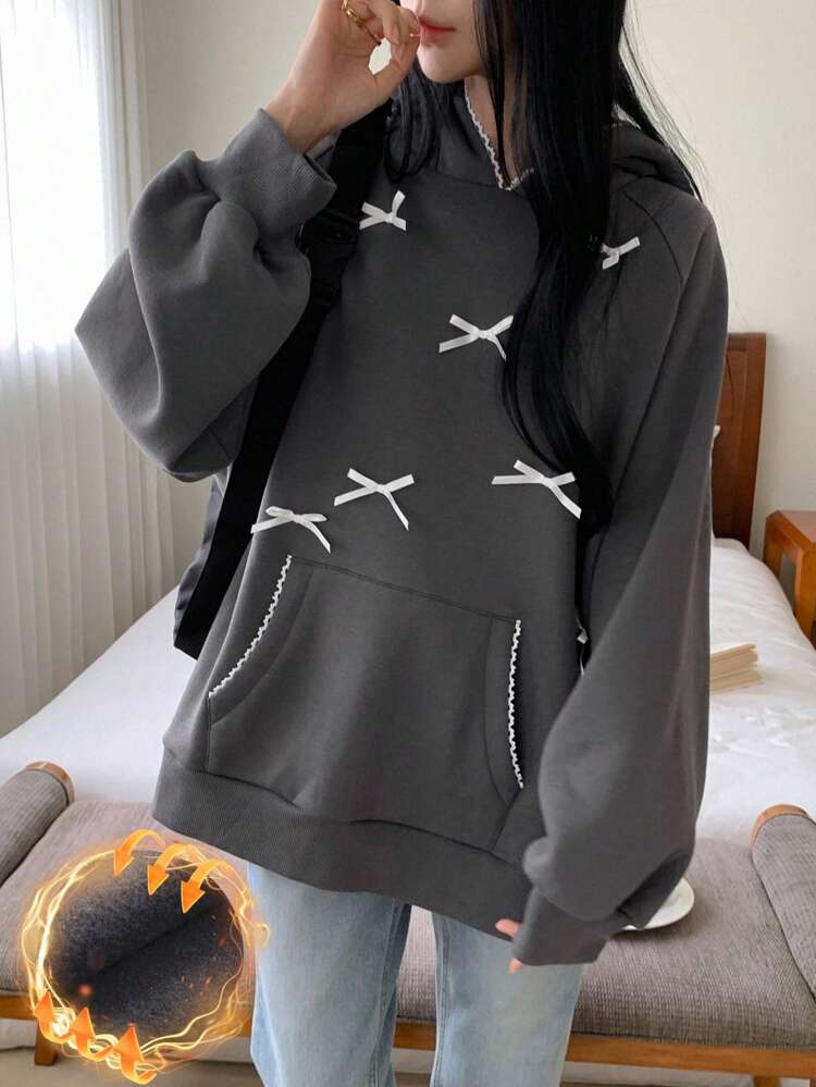 Women's Fall Casual Hooded Sweatshirt With Pockets And Bow Decor
