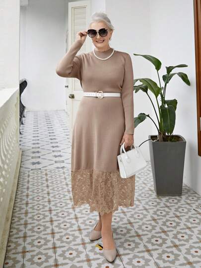 SHEIN LUNE Women's Solid Color Contrast Lace Round Neck Long Sleeve Sweater Dress Fall Women Clothes Viscose Dress