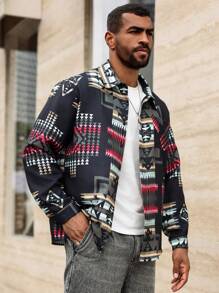 Manfinity Homme Men's Button-Up Long Sleeve Fashion Allover Print Casual Jacket