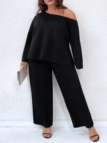 SHEIN CURVE+ 2 Stücke Große Größen Set aus asymmetrischer Kragen Bluse und Hose in Einfarbig Lässig für Frühling Herbst - Schwarz - Übersicht 5