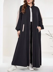 Al Najma Plus Size Contrast Color Patchwork Arabian Abaya,Black Summer Jamican Modest Vacation Long Sleeve Sporty Sweatshirt Style Front Zipper Closed Robe - Black - View 1