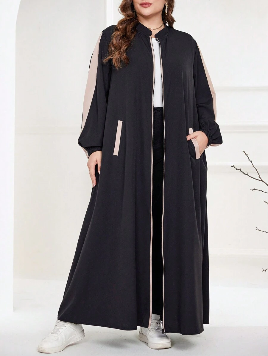 Al Najma Plus Size Contrast Color Patchwork Arabian Abaya,Black Summer Jamican Modest Vacation Long Sleeve Sporty Sweatshirt Style Front Zipper Closed Robe - Black - View 1
