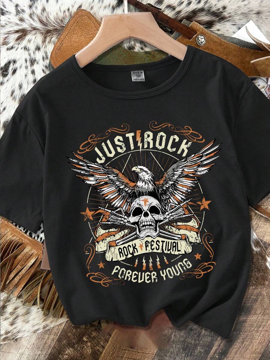 SHEIN EZwear Camiseta ligera de cuello redondo de manga corta con estampado de calavera de águila vintage casual grunge rock para mujer - Negro - Ver 1