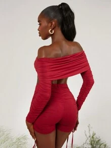 evoluSHEIN X Anitta RAUL OROZCO Designer Draped Off Shoulder Long Sleeve Top, Holiday, Thanksgiving, Spring, Going Out, Festival - Burgundy - View 1