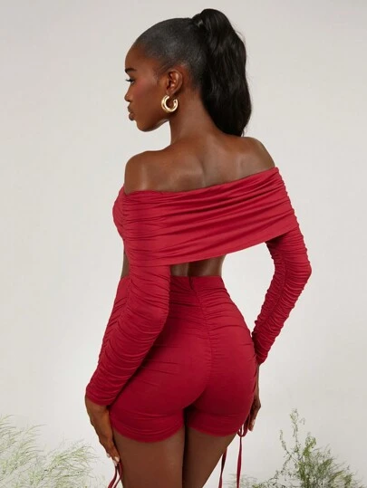 evoluSHEIN X Anitta RAUL OROZCO Designer Draped Off Shoulder Long Sleeve Top, Holiday, Thanksgiving, Spring, Going Out, Festival