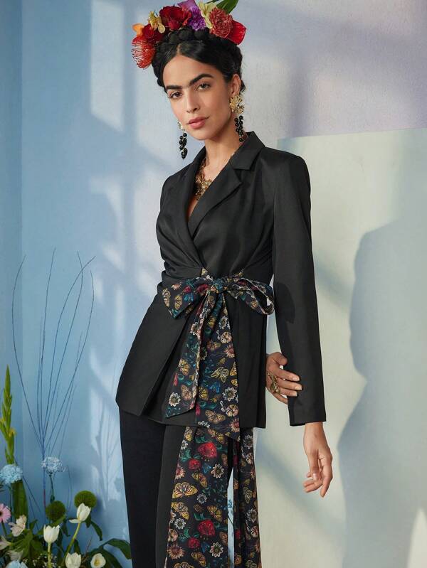 Frida Kahlo X SHEIN X Designer VERO DIAZ Sacou business casual cu guler rever, imprimeu floral contrastant, cu nod în față, pentru sărbători, Ziua Recunoștinței, primăvară, festival, birou