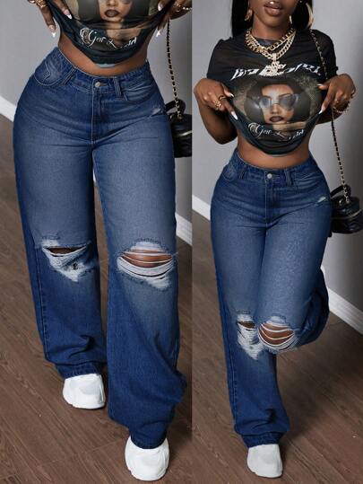 SHEIN Slayr 女式口袋破洞宽松休闲直筒牛仔裤