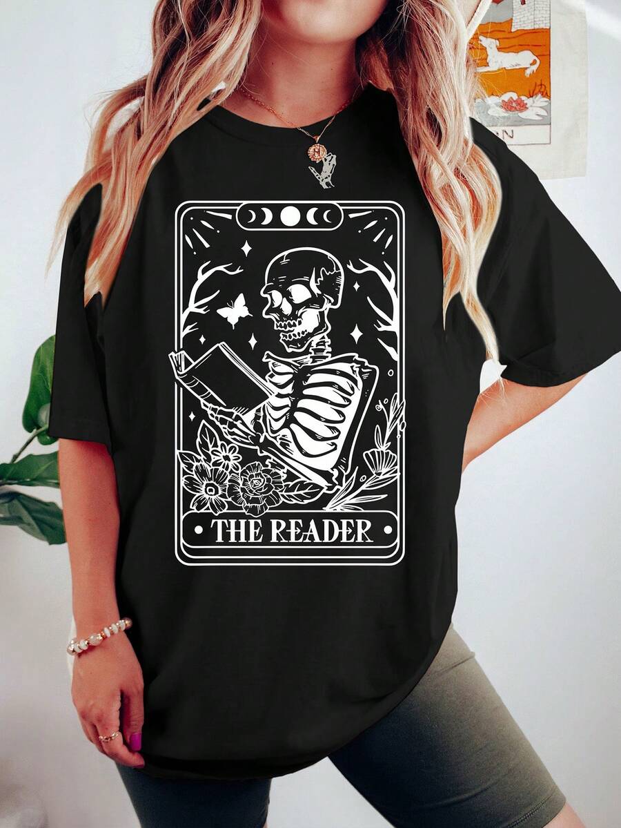 SHEIN EZwear Camiseta de manga corta de cuello redondo, holgada y casual, con estampado de letras y calavera, para verano - Negro - Ver 1