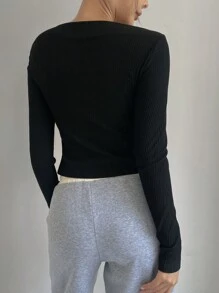 DAZY 女士镂空长袖优雅休闲T恤，修身款，秋季女装可爱上衣 - 黑色 - 查看 3