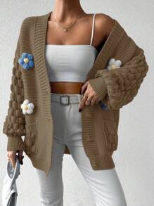 EURMUSE Women's Casual Floral Embellished Drop Shoulder Long Sleeve Open Front Cardigan For Fall/Winter - Chocolate Brown - View 1