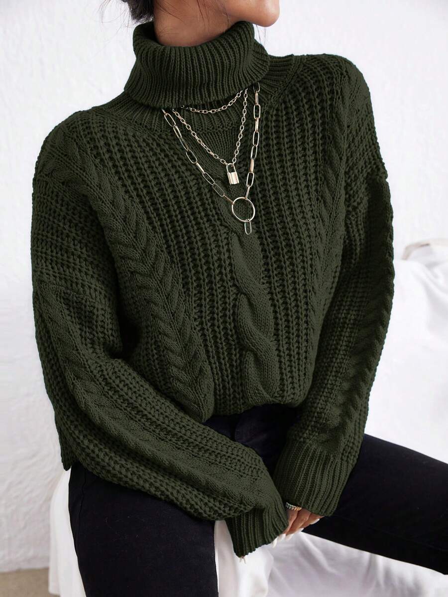 RueChic Cable Knit Turtleneck Drop Shoulder Jumper - Army Green - View 1