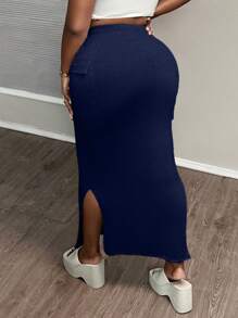 Slaydiva 大码女式春季休闲修身灰色花卉印花长款 A 字裙，带前褶、侧袋和开衩 - 藍色 - 查看 2