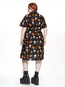 ROMWE Goth Robe trapèze à taille cintrée imprimé squelette et toile d'araignée, grande taille, pour femmes, pour Halloween - Noir - Voir 3