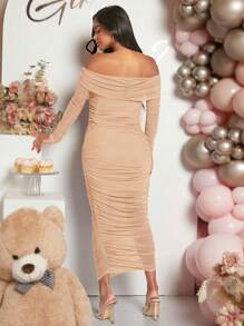 Loomaby Maternity Off Shoulder Long Sleeve Ruched Maxi Casual Dress, For Baby Shower - Apricot - View 2
