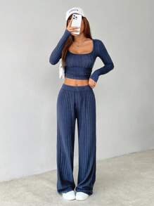 SHEIN PETITE Women's Crop Top And Long Pants Striped Textured Fabric Two Pieces Set Airport Outfit