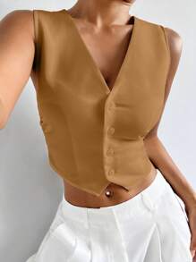 SHEIN EZwear 女士 V 领纽扣式无袖休闲平纹编织背心夹克（驼色） - 駝色 - 查看 1