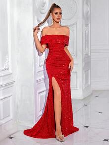 ADYCE Women's Shiny Off Shoulder Pleated Front Slit Party Dress - Red - View 7