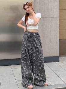 DAZY Quần Cargo Cinched Waist Cinched Floral Ditsy dành cho nữ - Xám - Xem 5