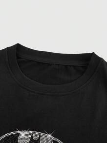 Batman X ROMWE Camiseta corta de manga corta casual con patrón de murciélago de strass, verano - Negro - Ver 4