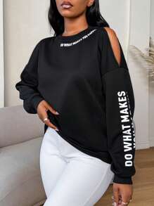 BamGleam 女士休闲标语印花长袖宽松卫衣，适合秋冬季毕业季、返校季、教师节等场合，返校季套头衫，秋季卫衣 - 黑色 - 查看 3