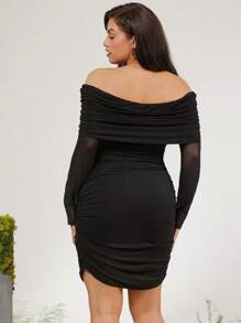 evoluSHEIN X Anitta RAUL OROZCO Designer Plus Off-Shoulder Thumb Hole Mesh Sleeves Mini Dress, Holiday, Party, Thanksgiving, Festival