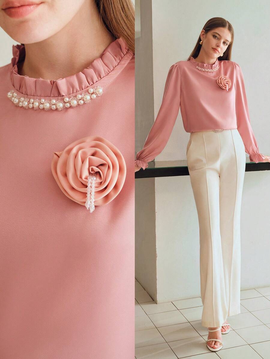 MOTF PREMIUM Blusa con cuello simulado con volantes, detalles de flores estéreo y falso perla