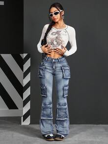 SHEIN PETITE 女式前扣简约多口袋休闲牛仔裤 - 藍色 - 查看 6