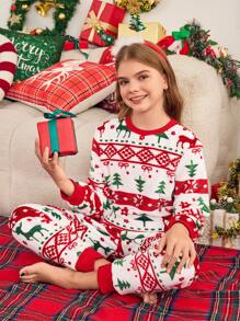 女童法兰绒圣诞睡衣套装，带鹿和树图案，长袖上衣和裤子，休闲舒适的冬季睡衣 - 紅色 - 查看 3