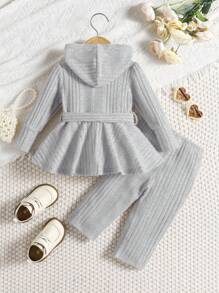 SHEIN Leap Crew Baby Girl Solid Color Simple Knit Elastic Hoodie And Pants 2 Pieces Set, Fall/Winter - Light Grey - View 2