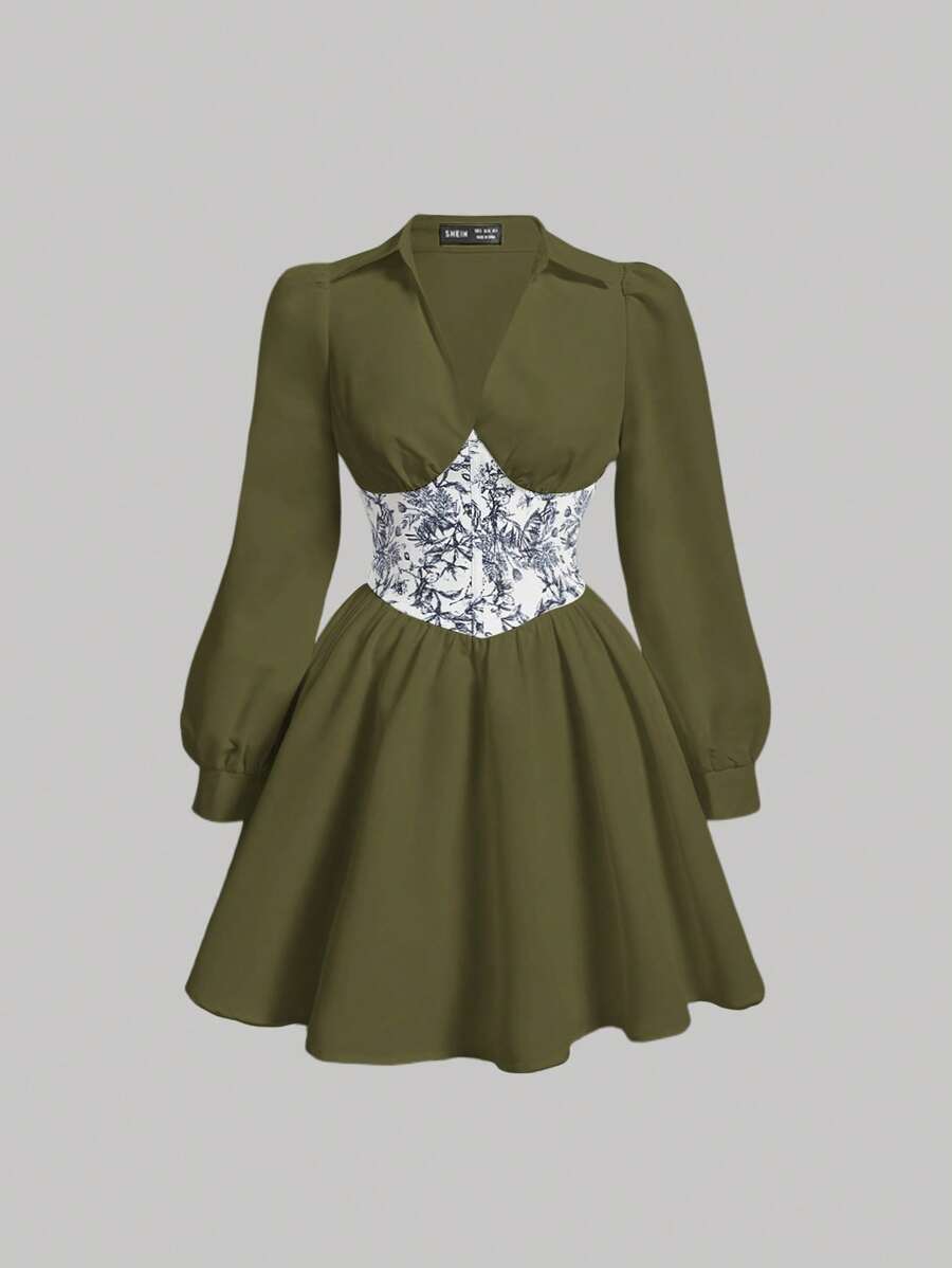 SHEIN MOD 女式纯色领子拼布长袖褶饰休闲连衣裙 - 軍綠色 - 查看 1