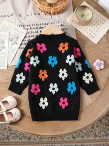 Vestido de suéter para bebé recién nacida, elegante vestido de manga larga con cuello redondo, diseño jacquard floral colorido, cálido y cómodo vestido negro, ropa de invierno para niña bebé - Negro - Ver 2
