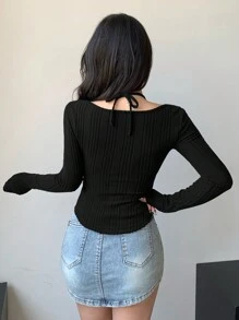 DAZY 女式纯色蝴蝶结装饰长袖修身罗纹 T 恤，春夏季，返校服装 - 黑色 - 查看 3