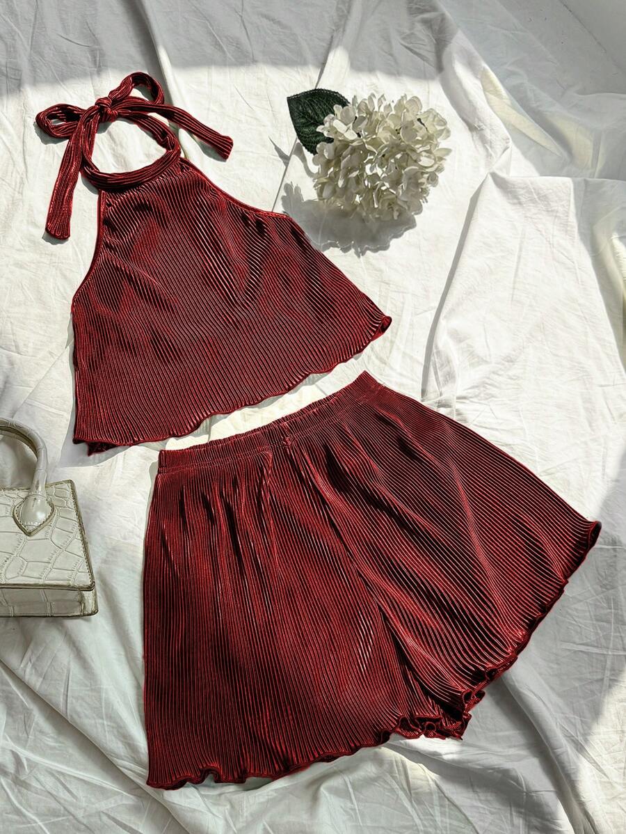 SHEIN Unity 2pcs/Set Women Sexy Backless Halter Crop Top And Shorts, Summer - Burgundy - View 1