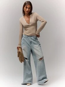 MUSERA V Neckline Long Sleeve Fitted T-Shirt Top Everyday Airport Holiday Back To School Fall Autumn Winter Christmas,Elegant