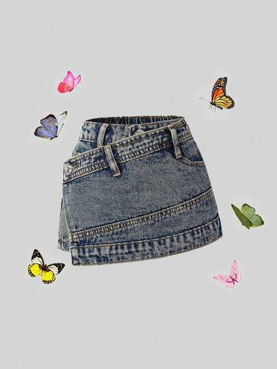 SHEIN ChillGRL 年轻女孩 Y2K 街头时尚紫色重度水洗 2 合 1 牛仔短裙